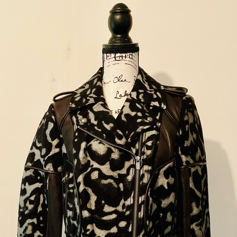 NWT Diane Von Furstenberg, Moto Vintage, Leather/Wool Animal Print Jacket